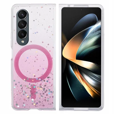 JTW Series For Samsung Galaxy Z Fold4 5G Magnetic Case Sparkle Epoxy TPU+Acrylic Protective Cover - Pink