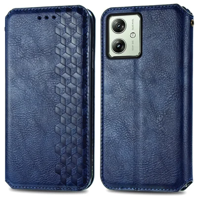 For Motorola Moto G54 5G PU Leather Case Rhombus Imprint Wallet Stand Phone Cover - Blue