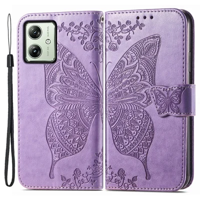 For Motorola Moto G54 5G Cell Phone Case PU Leather Butterfly Pattern Wallet Cover - Light Purple