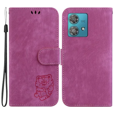 For Motorola Edge 40 Neo 5G Cell Phone Case Lovely Tiger Imprinted PU Leather Flip Cover - Rose