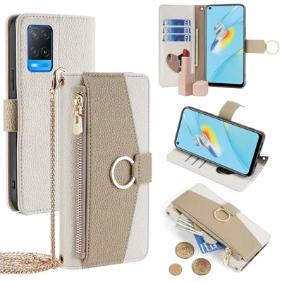 For Oppo A54 4G Leather Case Stand Multi-functional Mobile Phone Cover Wallet with Chain Strap - White