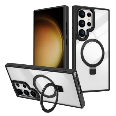 For Samsung Galaxy S24 Ultra Case Shockproof TPU+PC Kickstand Clear Phone Cover Magnetic Case - Black