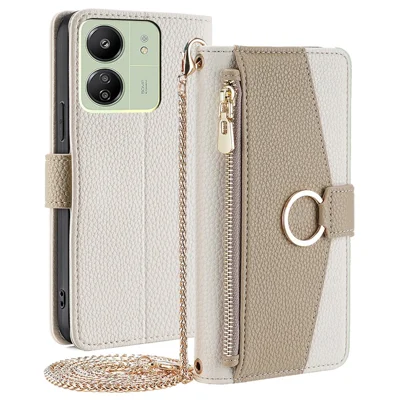 For Xiaomi Redmi 13C 4G / 5G / 13R 5G / Poco M6 5G / Poco C65 4G Case PU Leather Zipper Pockets Phone Cover with Mirror - White