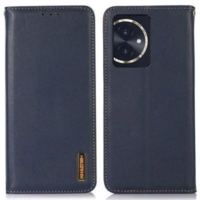 KHAZNEH For Honor 100 5G Cell Phone Case Genuine Cow Leather Nappa Texture RFID Blocking Cover - Blue