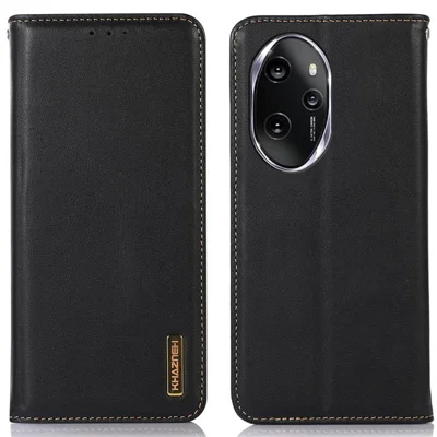 KHAZNEH For Honor 100 Pro 5G Case Genuine Cow Leather Nappa Texture Cover with Magnetic Closure - Black