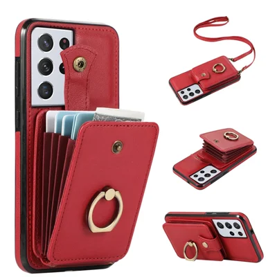 For Samsung Galaxy S21 Ultra 5G Case Card Holder Kickstand TPU+PU Leather Phone Cover - Red