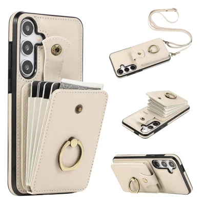 For Samsung Galaxy S24 Dustproof TPU+PU Leather Phone Cover Card Holder Kickstand Mobile Phone Case - Beige