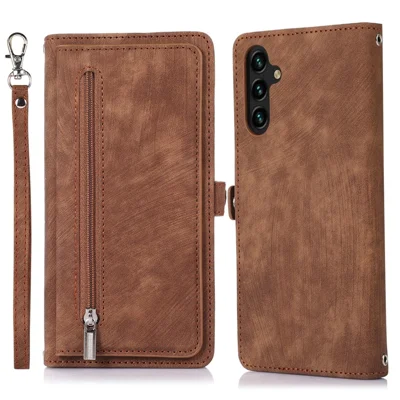 For Samsung Galaxy A15 5G Case Zipper Pocket 9 Card Slots PU Leather Phone Cover with Wrist Strap - Brown