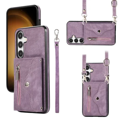 For Samsung Galaxy S25 / S24 Cell Phone Case with 2 Straps PU Leather+TPU Card Bag Cover - Purple