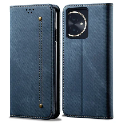 For Honor 100 5G Case Wallet Jeans Cloth Texture PU Leather Phone Cover Stand - Blue