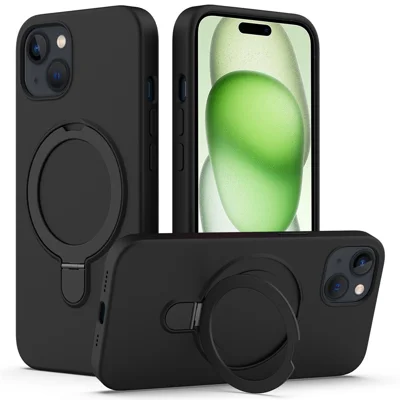 Pour iPhone 15 Coque de téléphone magnétique avec support anneau et support - Noir