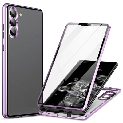 Für Samsung Galaxy S24 Hülle Metallrahmen Doppelseitiges Gehärtetes Glas Rückseite - Hellviolett