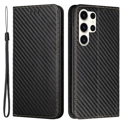 Samsung Galaxy S24 Ultra-hoesje met carbonvezelstructuur, portemonnee- en standaardhoes - Zwart