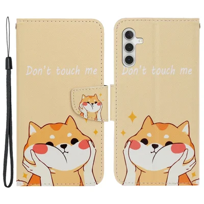 For Samsung Galaxy S25+ / S24+ Case PU Leather Cross Texture Pattern Printing Phone Cover with Wrist Strap - Akita Dog