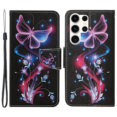 For Samsung Galaxy S24 Ultra PU Leather Case Cross Texture Phone Stand Cover with Wrist Strap - Fluorescent Butterflies