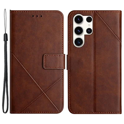 For Samsung Galaxy S24 Ultra Case Solid Color PU Leather Stand Wallet Phone Cover with Wrist Strap - Brown