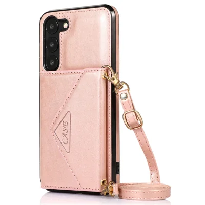 For Samsung Galaxy A34 5G Case Triangle Lid Card Bag Leather+TPU Crossbody Phone Cover - Rose Gold