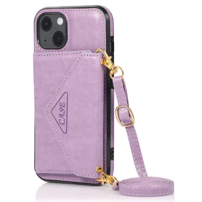 For iPhone 14 Plus Case Card Holder Kickstand PU+TPU Cellphone Cover with Shoulder Strap - Purple