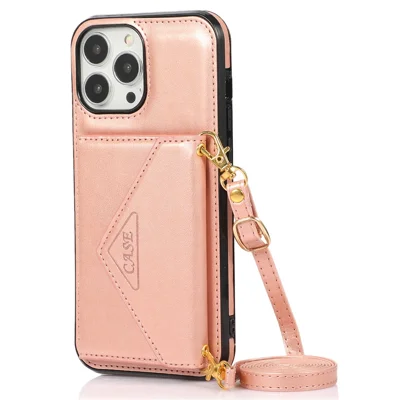 For iPhone 15 Pro Case Card Holder Drop-proof PU+TPU Phone Cover with Shoulder Strap - Rose Gold