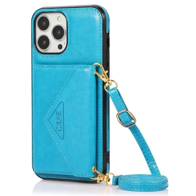 For iPhone 13 Pro 6.1 inch Cell Phone Case Leather+TPU Anti-shock Crossbody Cover with Card Bag - Blue
