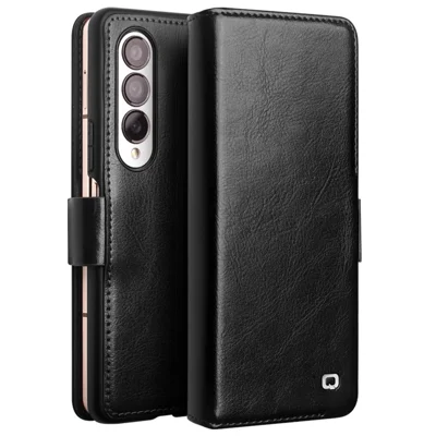 QIALINO For Samsung Galaxy Z Fold4 5G Genuine Cow Leather Case Wallet Magnetic Phone Cover - Black