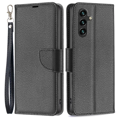 For Samsung Galaxy A55 5G Wallet Case with Wrist Strap Litchi Texture Leather Phone Stand Cover - Black