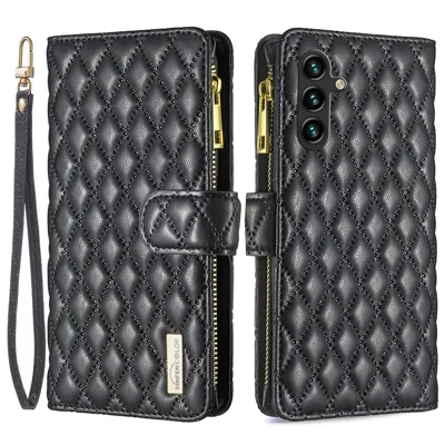 BINFEN COLOR BF Style-15 For Samsung Galaxy A55 5G Cell Phone Case Zipper Pocket Stand Protective Cover - Black