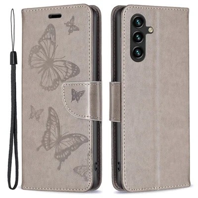 Voor Samsung Galaxy A55 5G hoesje Anti-val Vlinder afgedrukt Leren mobiele telefoon standaard hoes - Grijs