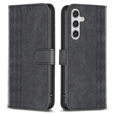For Samsung Galaxy A55 5G Cell Phone Case Scratch-proof Imprinted Grid Leather Stand Cover - Black