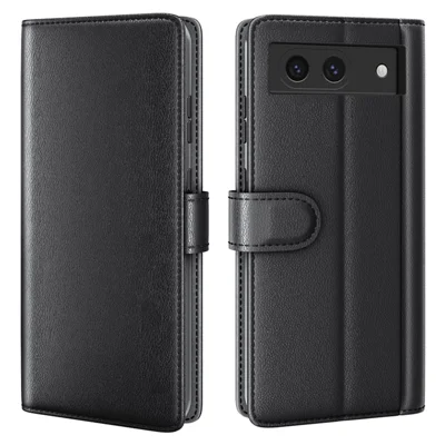 For Google Pixel 8a Case Genuine Split Leather Phone Cover with Wallet Stand - Black