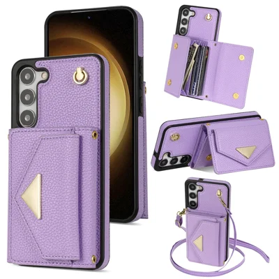 For Samsung Galaxy S24 Cell Phone Case Card Holder Leather+TPU Back Cover with Long Strap - Purple