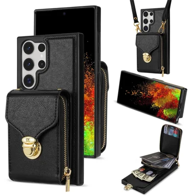 For Samsung Galaxy S24 Ultra Cell Phone Case Card Holder PU Leather + TPU Kickstand Cover - Black