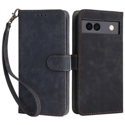 For Google Pixel 8a Case RFID Blocking PU Leather Phone Cover with Strap - Black