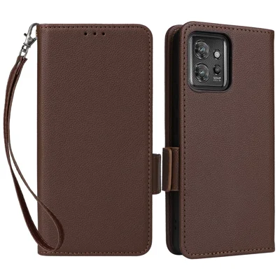 Para funda de billetera de teléfono Motorola ThinkPhone 5G, textura de piel de litchi, funda de cuero PU con solapa y correa - Marrón
