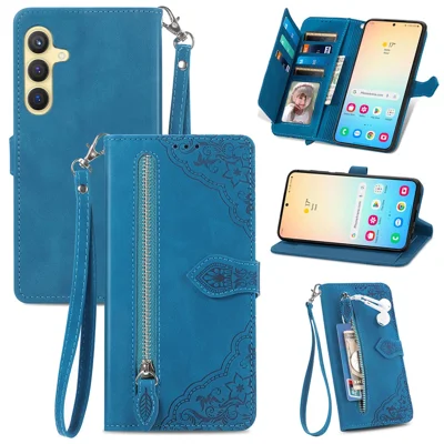 Für Samsung Galaxy S24+ Reißverschluss-Maptasche mit Band, Blumenprägung, PU-Leder-Handyhülle - Blau