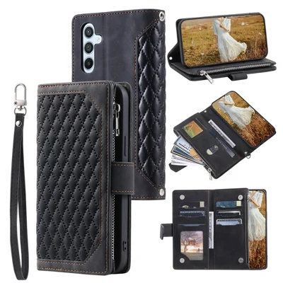 For Samsung Galaxy A55 5G Wallet Case Rhombus PU Leather Flip Phone Cover with Strap - Black