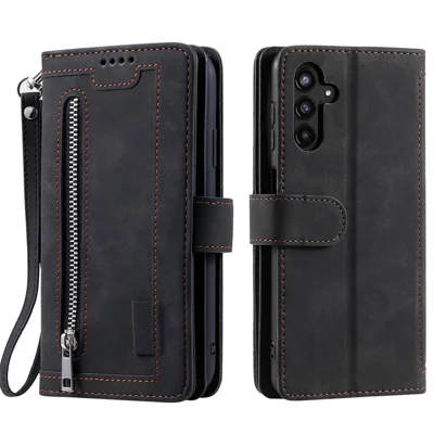 Para Samsung Galaxy A35 5G Caso de Couro PU Punho Bolsa Fecho Zíper 9 Titular do Cartão Tampa do Telefone - Preto