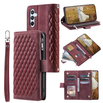 For Samsung Galaxy A35 5G Rhombus Leather Case with Zipper Lanyard Stand Phone Cover - Wine Red