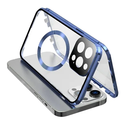 Magnetic Case for iPhone 14 Pro Compatible with MagSafe Double Sided Clear Tempered Glass Phone Cover - Dark Blue