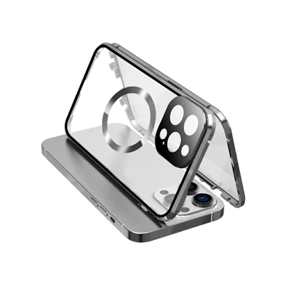 For iPhone 13 Pro Phone Case 360-degree Double-sided Protection Magnetic Cover - Silver