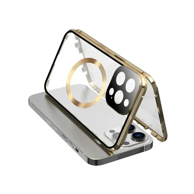 For iPhone 14 Pro Max Clear Phone Case Tempered Glass Full Protection Magnetic Adsorption Cover - Gold