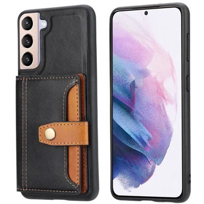 Telefoonhoesje voor Samsung Galaxy S24+, met pasjehouder en kalfslederstructuur, PU-leer + TPU-cover - Zwart