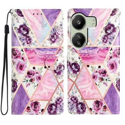 For Xiaomi Redmi 13C 4G / Poco C65 4G Leather Case with Card Pocket - Purple Flowers