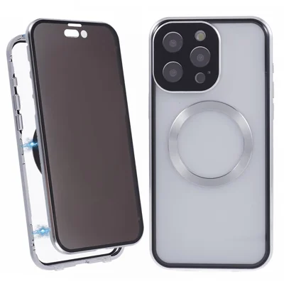 For iPhone 13 Pro Max Magnetic Case Anti-Spy Tempered Glass Double-Sided Phone Cover - Silver
