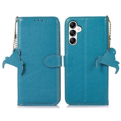 Wallet Case für Samsung Galaxy A35 5G, echtes Rindsleder, Folio mit RFID-Blocker-Abdeckung - Blau