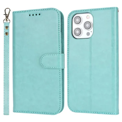 For iPhone 15 Pro Cell Phone Case R61 Texture Felled Seam PU Leather Cover with Stand - Light Green