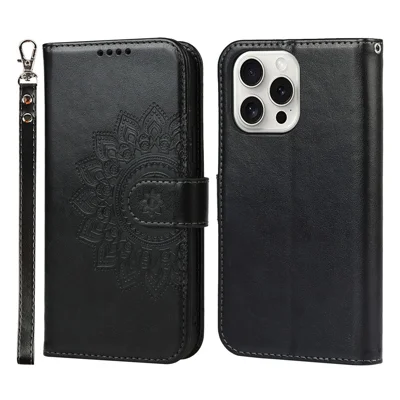 For iPhone 15 Pro Max Wallet Phone Case R61 Texture PU Leather Magnetic Protective Cover - Black
