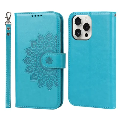 For iPhone 15 Pro Max Wallet Phone Case R61 Texture PU Leather Magnetic Protective Cover - Blue