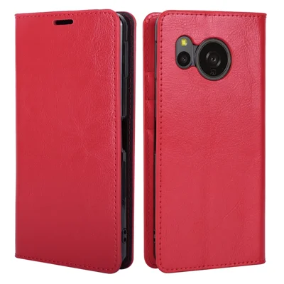 For Sharp Aquos Sense 8 Genuine Cow Leather Wallet Crazy Horse Texture Flip Folio Case Cover - Red