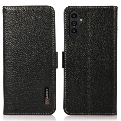 KHAZNEH For Samsung Galaxy A55 5G Case Wallet with RFID Blocking Genuine Cow Leather Cover - Black